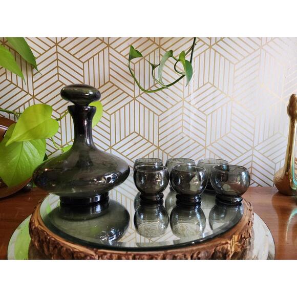 Vintage Empoli Smoke Grey Molded Decanter and 6 Glass Set